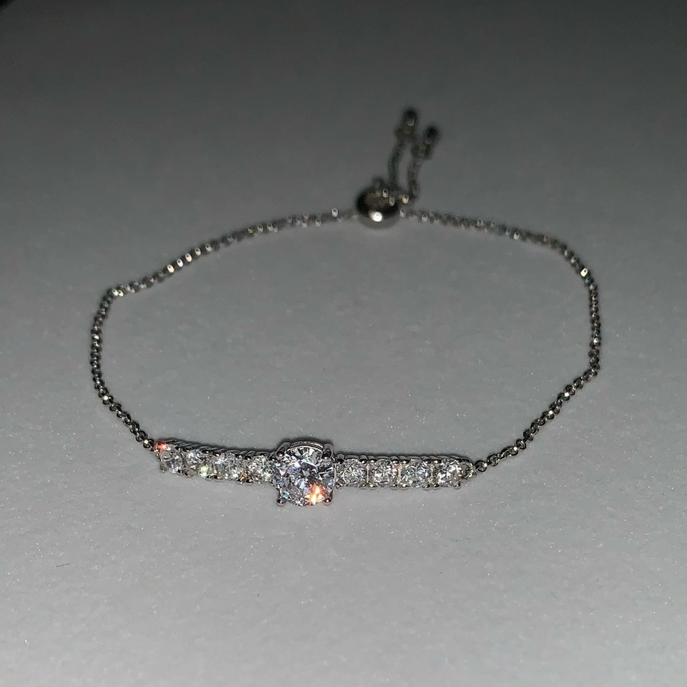 925 Sterling Silver CZ Faux Diamond Dainty Chain Adjustable Size Bracelet